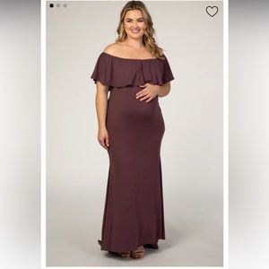 PinkBlush Plum Ruffle Off Shoulder Mermaid Maternity Plus Photoshoot Gown/Dress